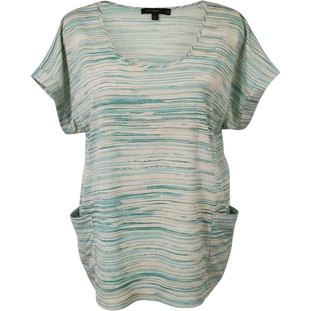 The Limited Teal Cream Watercolor Stripe Scoop Blouse Top XL Pocket Short Slv